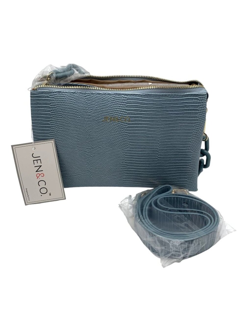 NWT Jen & Co Vegan Leather Izzy Lizard Blue Crossbody Bag With Chain Handle